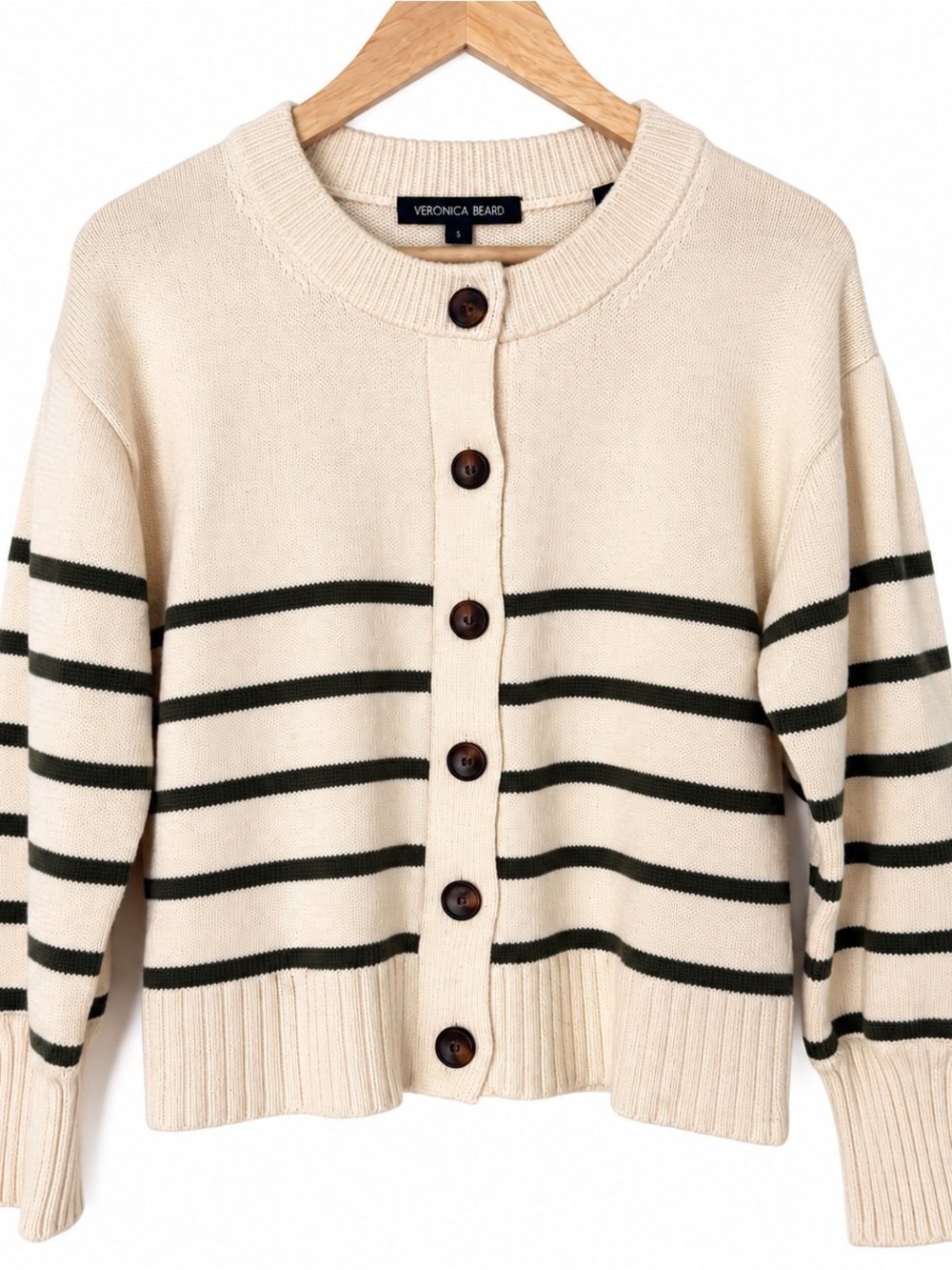 Veronica Beard Kylin Striped Cotton Cardigan Cream Olive Green Size S